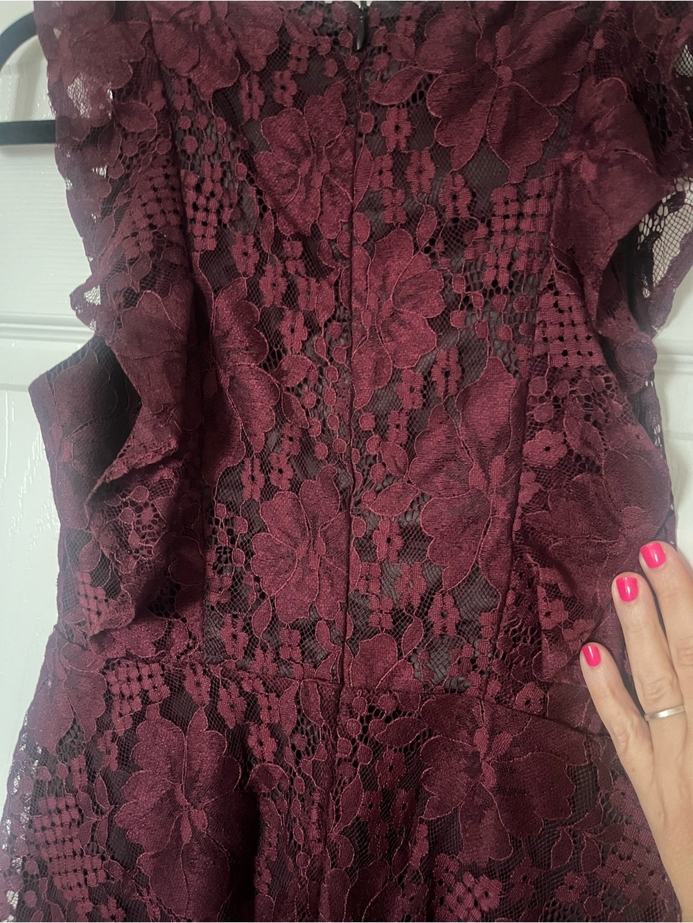 Lulu's Wine Burgundy Lace Ruffle Tiered V-Neck Maxi Dress - Picture 6 of 7